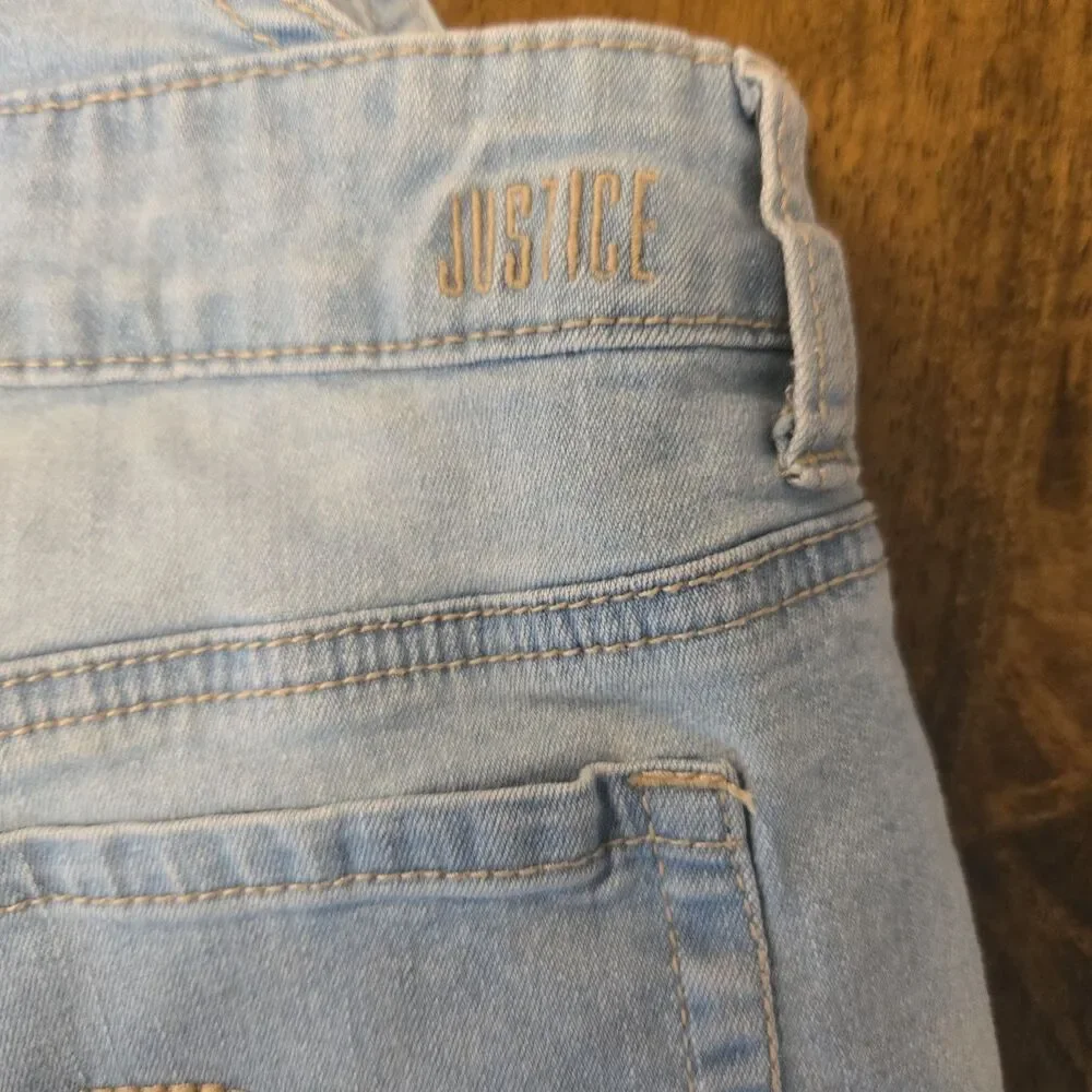 Justice Girls Y2K Denim Short Overalls Size 16 Crochet Ruffle Trim Light Wash